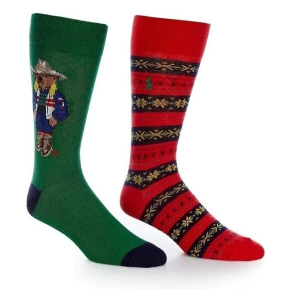 Polo Ralph Lauren 2-Pairs Sun Valley Bear Dress Socks Size 6-12.5 Men Green Red - Picture 2 of 4